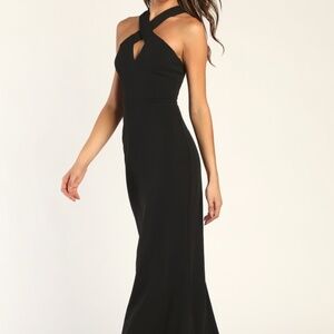 NWT Lulu’s Keep You Enchanted Black Cutout Halter Mermaid Maxi Dress
